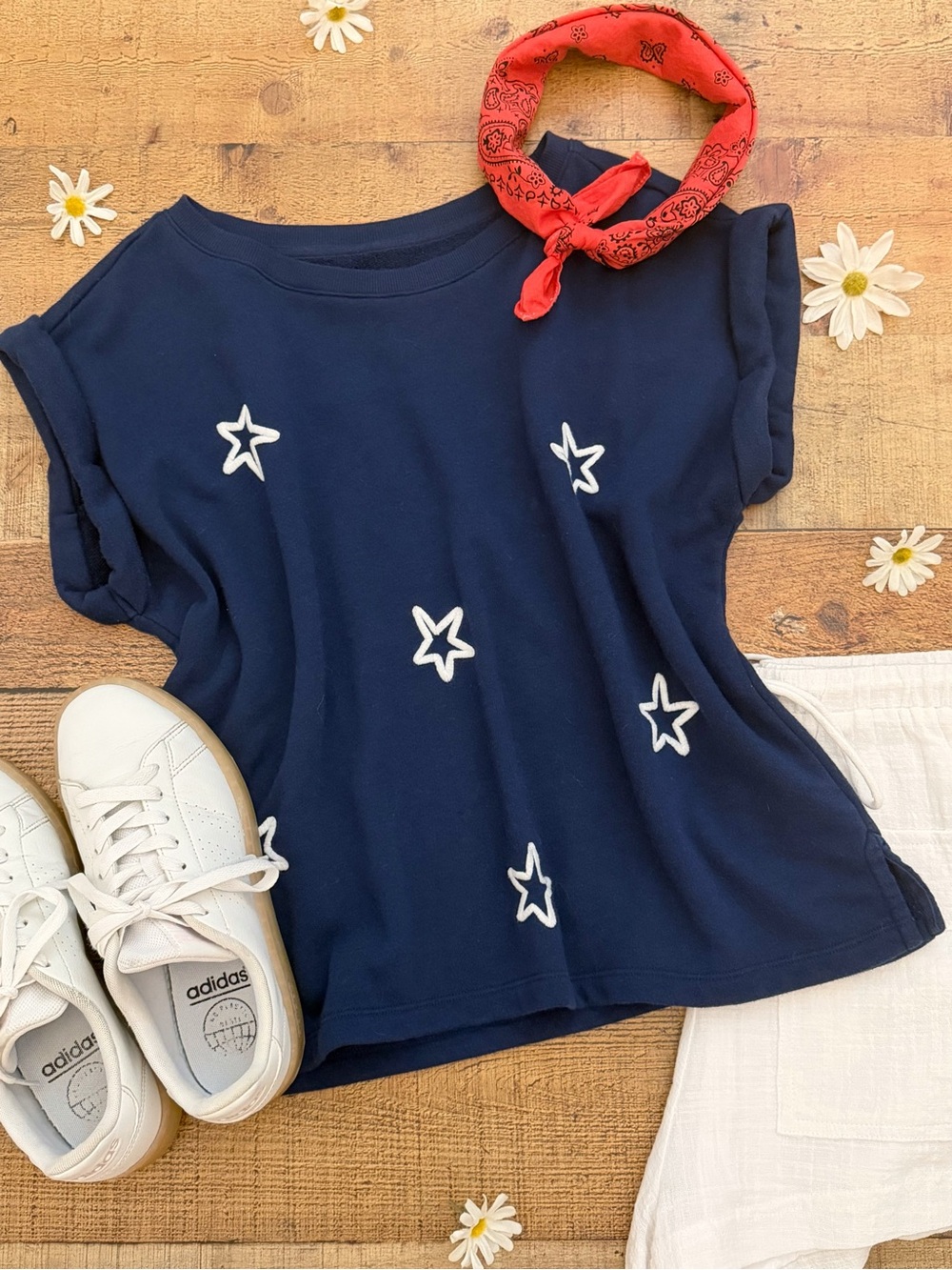 Sweatshirt SHORT SLEEVE TOP Navy Star Embroidered - Casual Top Americana